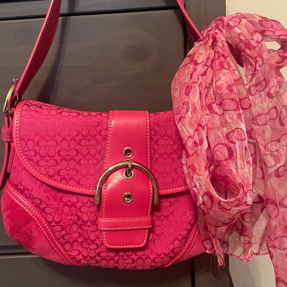 Coach suede shoulder bag with scarf